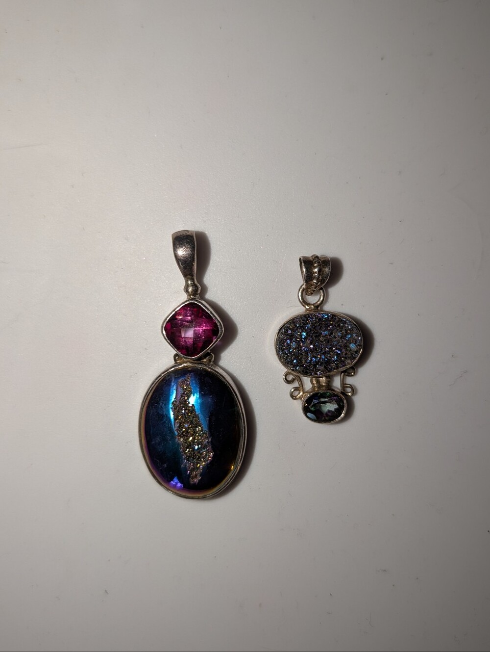 Sterling Silver Double-Stone Pendants with Iridescent Blue and Fuchsia Gems